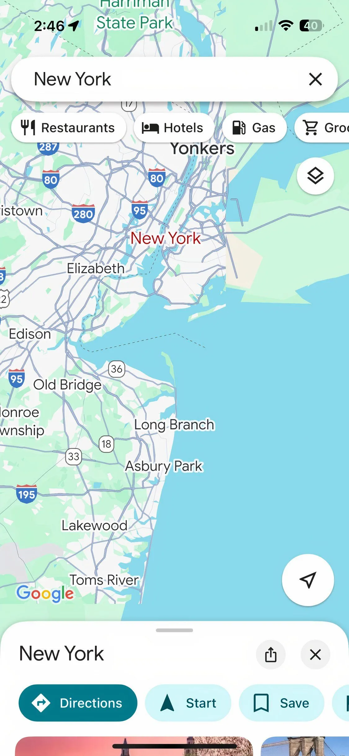 Bản đồ thành phố New York được hiển thị trên ứng dụng Google Maps