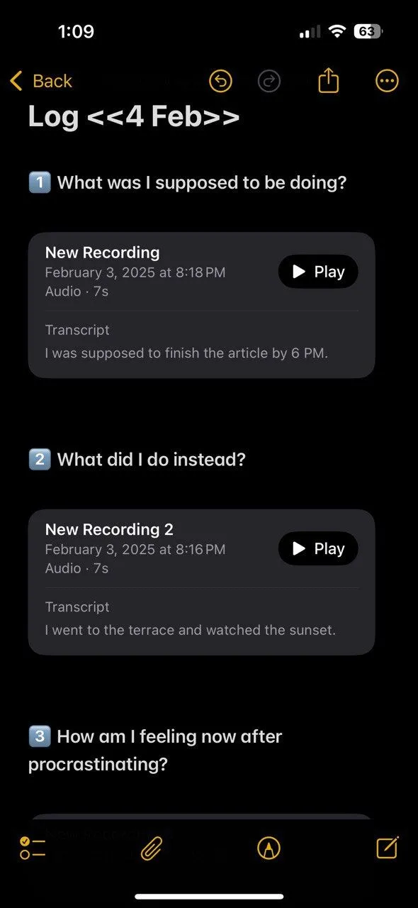 Bản ghi nhật ký trì hoãn đã được chuyển đổi thành văn bản trong Apple Notes
