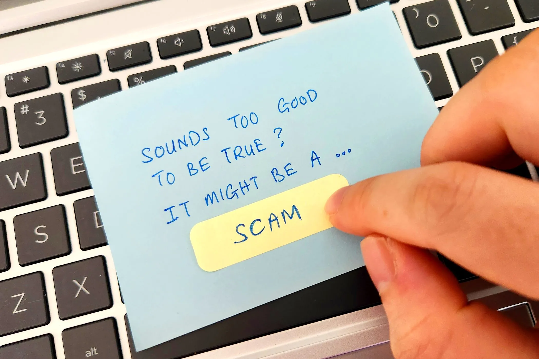 Bàn phím laptop với tờ giấy ghi &quot;scam alert&quot; và ngón tay chỉ vào, cảnh báo về lừa đảo đầu tư hoặc các giao dịch tài chính online.