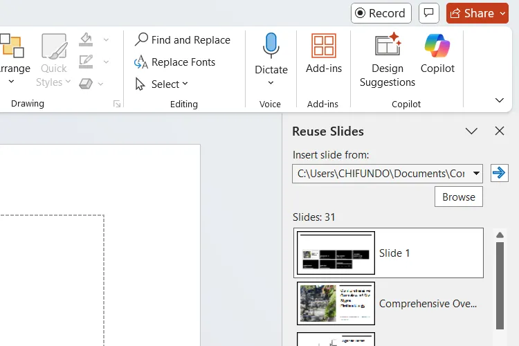 Bảng điều khiển Tái sử dụng Slide (Reuse Slides) trong PowerPoint.