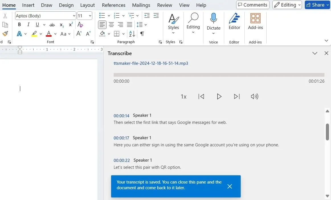 Bảng điều khiển Transcribe trong Microsoft Word giúp chuyển đổi file âm thanh thành văn bản