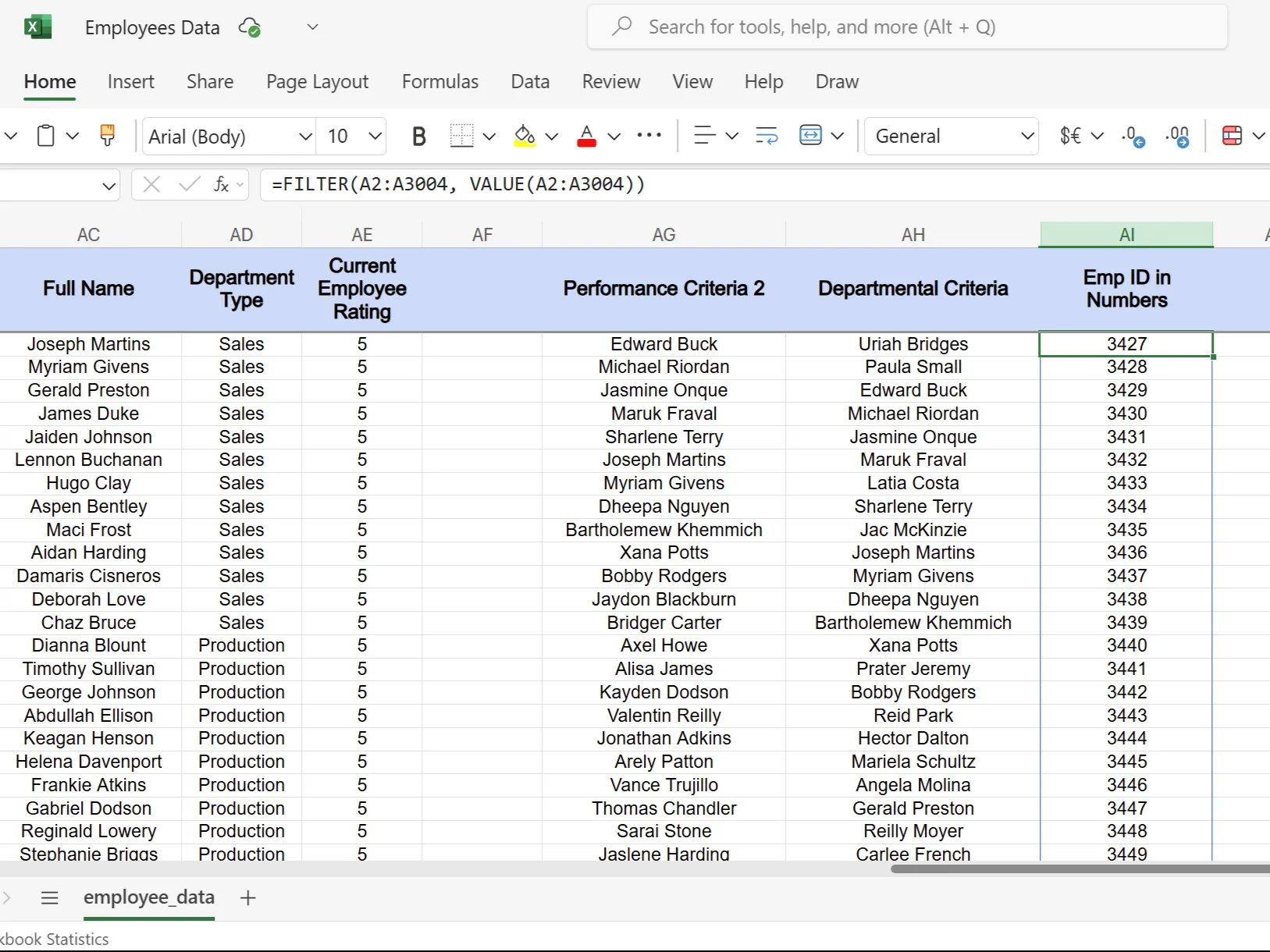 Bảng tính Excel với ID nhân viên được chuyển đổi thành số bằng hàm VALUE