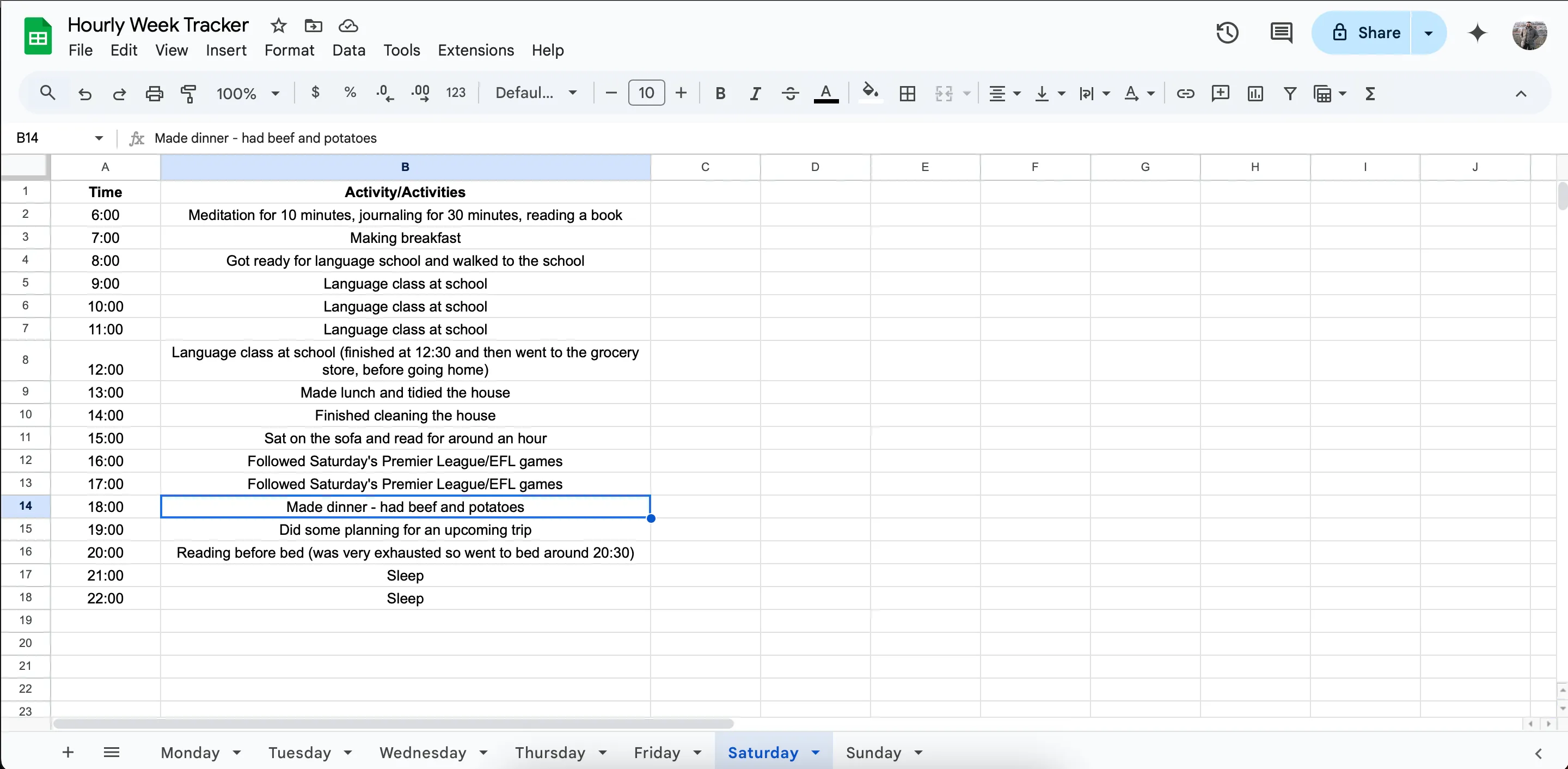 Biểu đồ theo dõi các hoạt động cuối tuần trong Google Sheets
