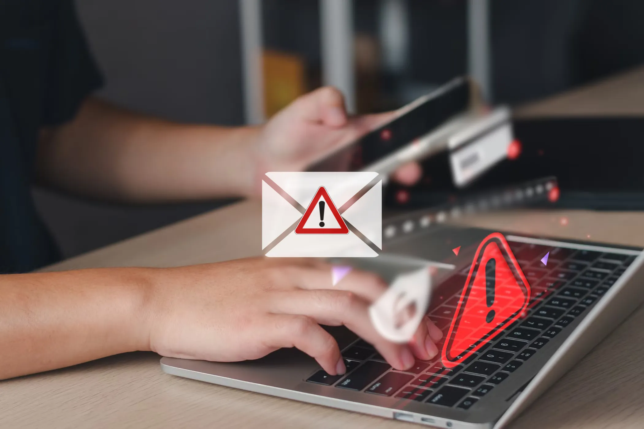 Biểu tượng email lừa đảo cùng người dùng laptop, nhấn mạnh tầm quan trọng của việc khóa thiết bị để bảo vệ dữ liệu.