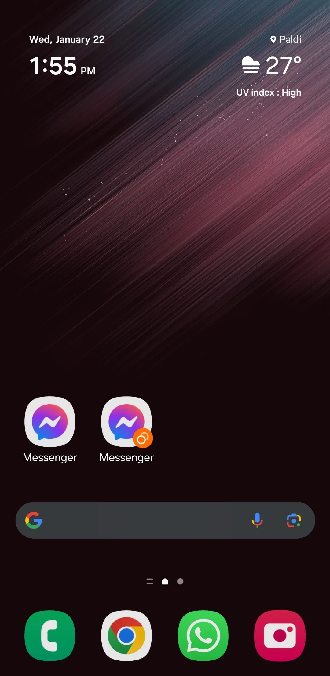 Biểu tượng hai ứng dụng Messenger được nhân bản (Dual Apps) trên màn hình chính của điện thoại Samsung, minh họa khả năng chạy nhiều tài khoản cùng một ứng dụng.