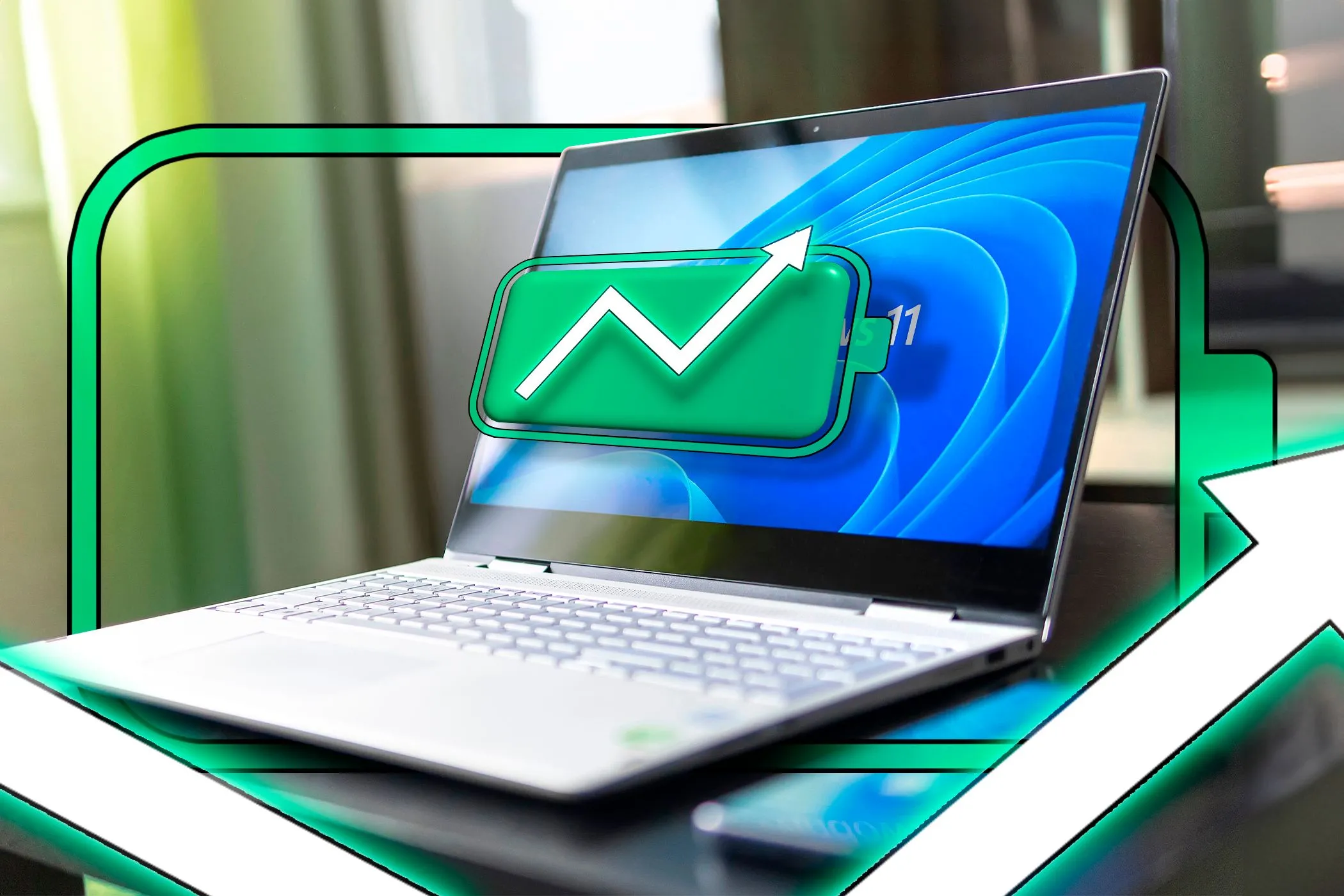 Biểu tượng pin đầy trên màn hình laptop Windows 11, tượng trưng cho việc tối ưu và tăng thời lượng pin thiết bị.