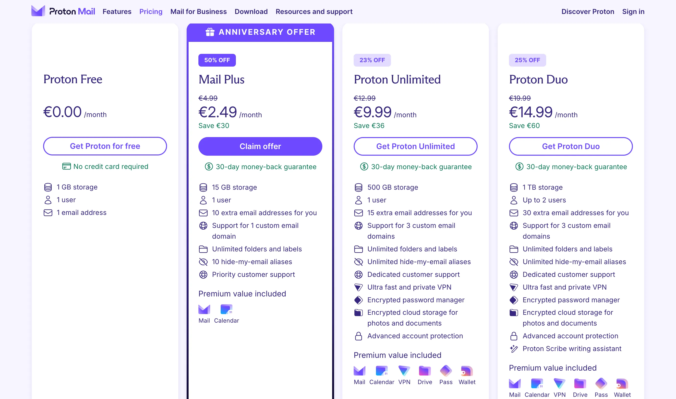 Các gói dịch vụ của ProtonMail kèm theo nhiều tiện ích, bao gồm quyền truy cập Proton VPN cao cấp