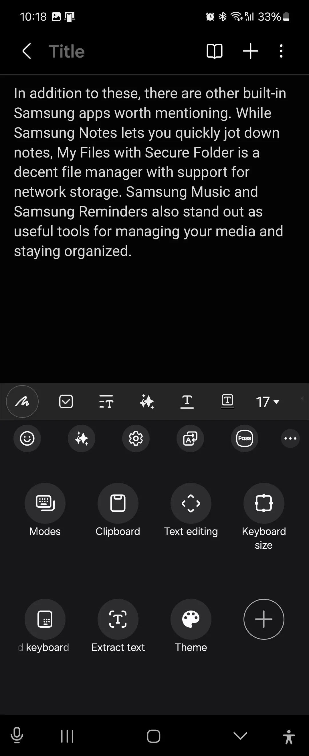 Các phím tắt tiện ích của bàn phím Samsung hiển thị trong Samsung Notes, truy cập nhanh Samsung Pass và dịch thuật.