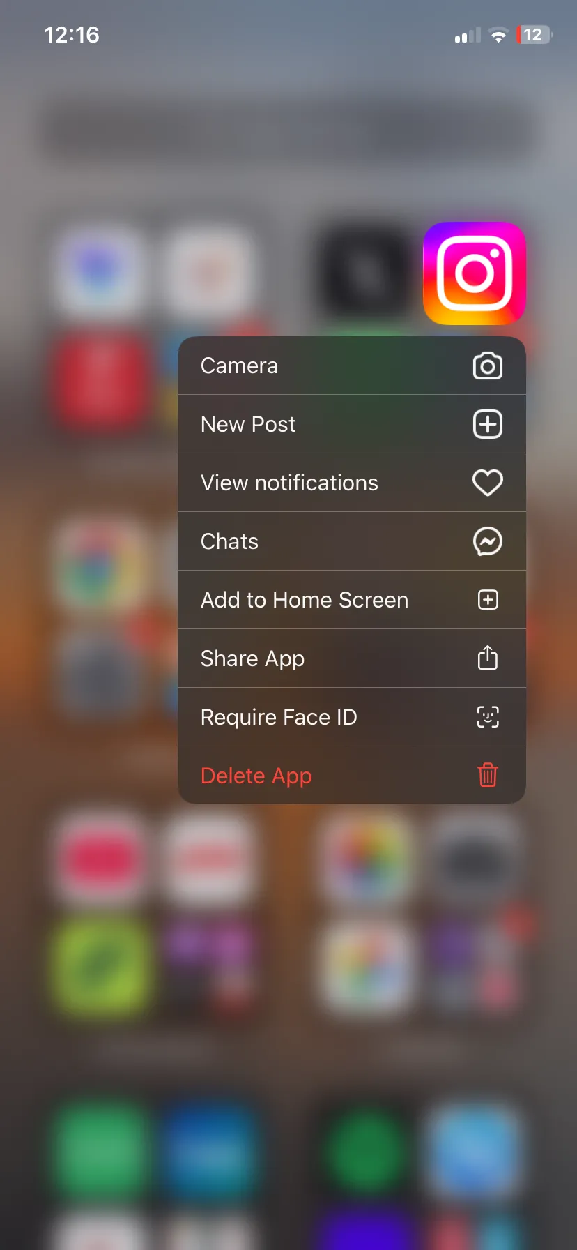 Các tác vụ nhanh của ứng dụng Instagram hiển thị trong menu ngữ cảnh