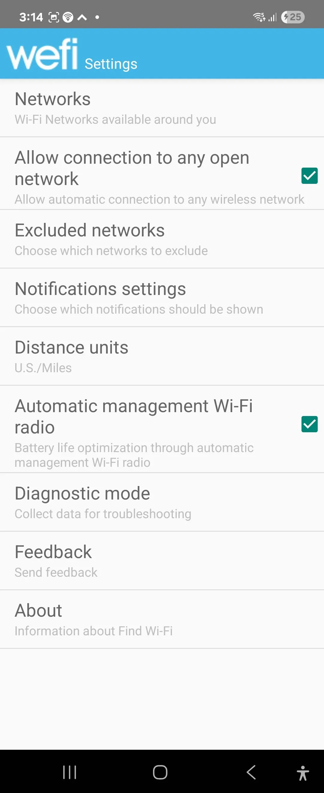 Các tùy chọn cài đặt chi tiết trong ứng dụng WeFi trên nền tảng Android.
