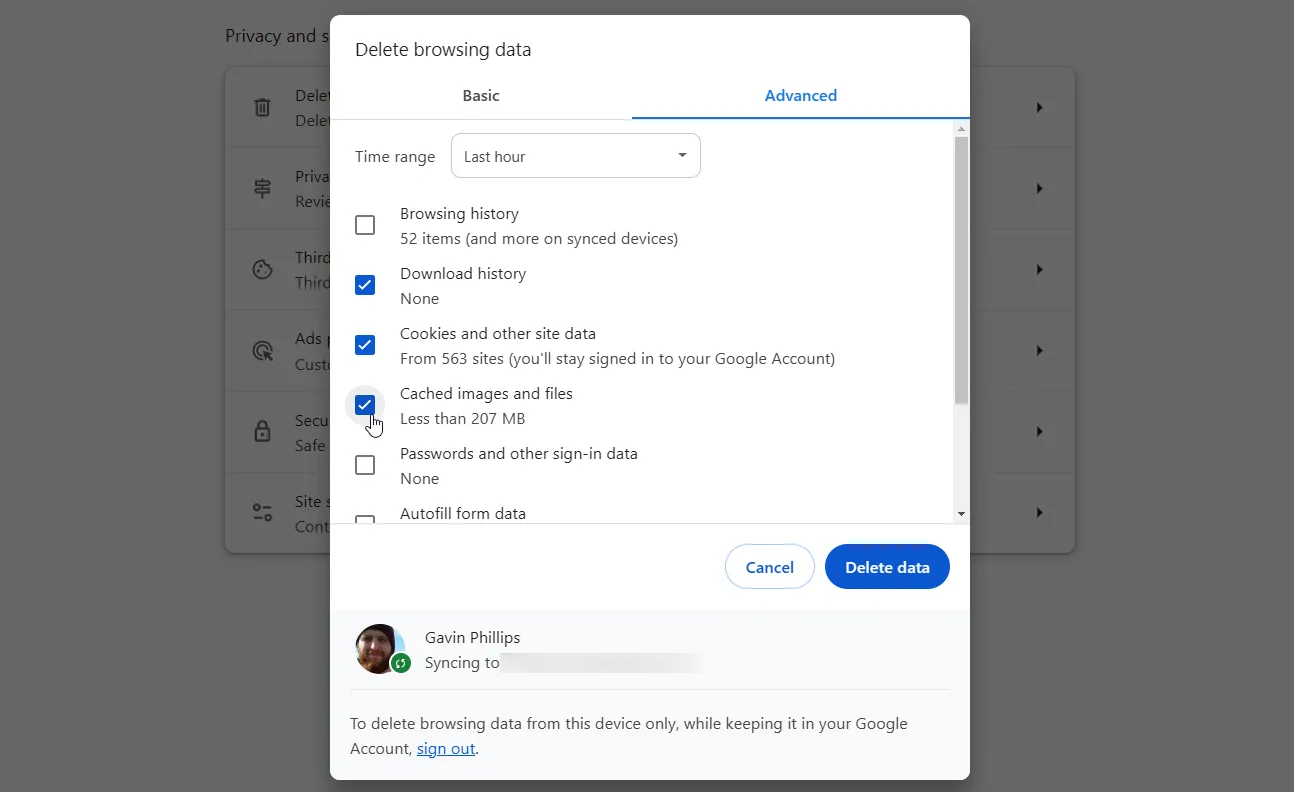 Các tùy chọn cài đặt để xóa bộ nhớ đệm và dữ liệu duyệt web trong Google Chrome