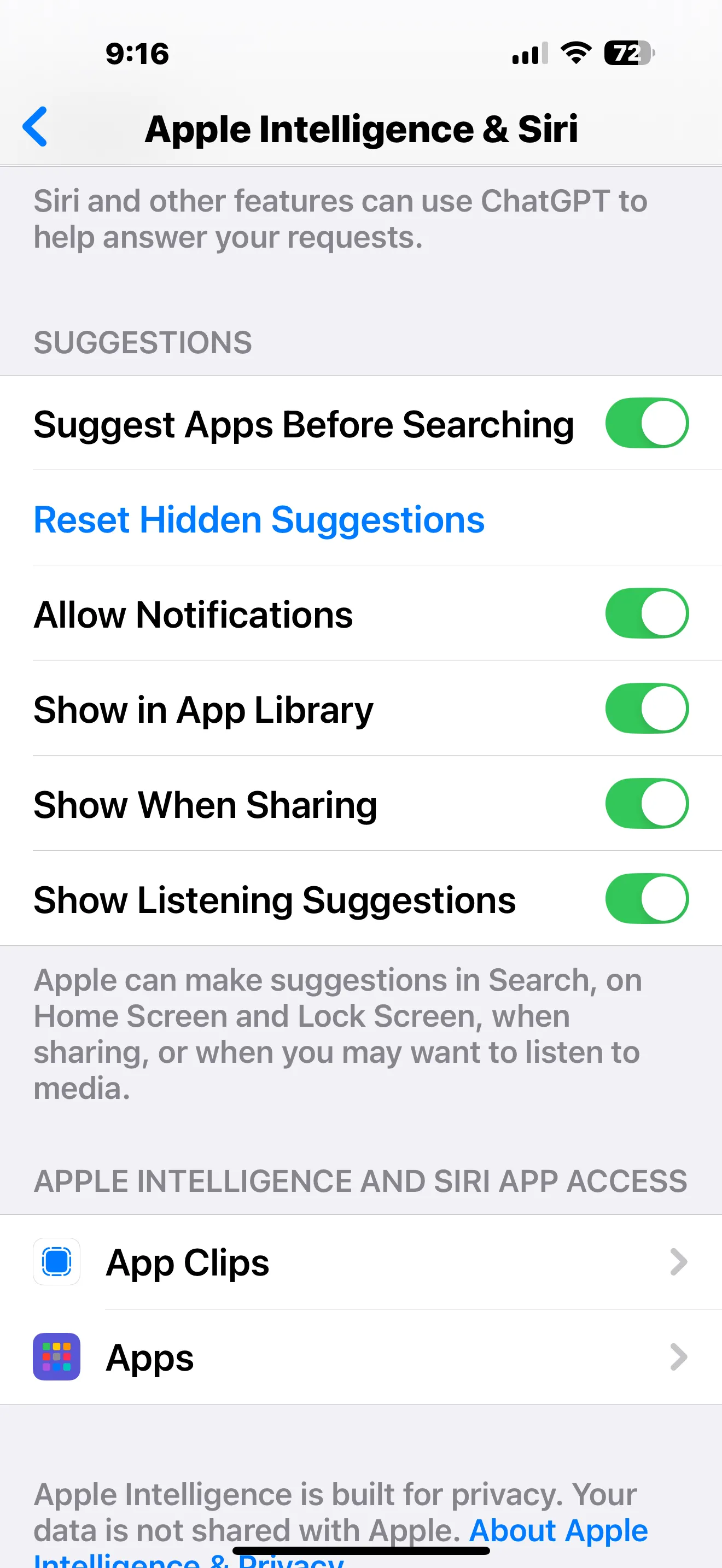 Các tùy chọn cài đặt truy cập ứng dụng của Apple Intelligence trên iPhone, hỗ trợ quản lý quyền riêng tư và hiệu suất AI.