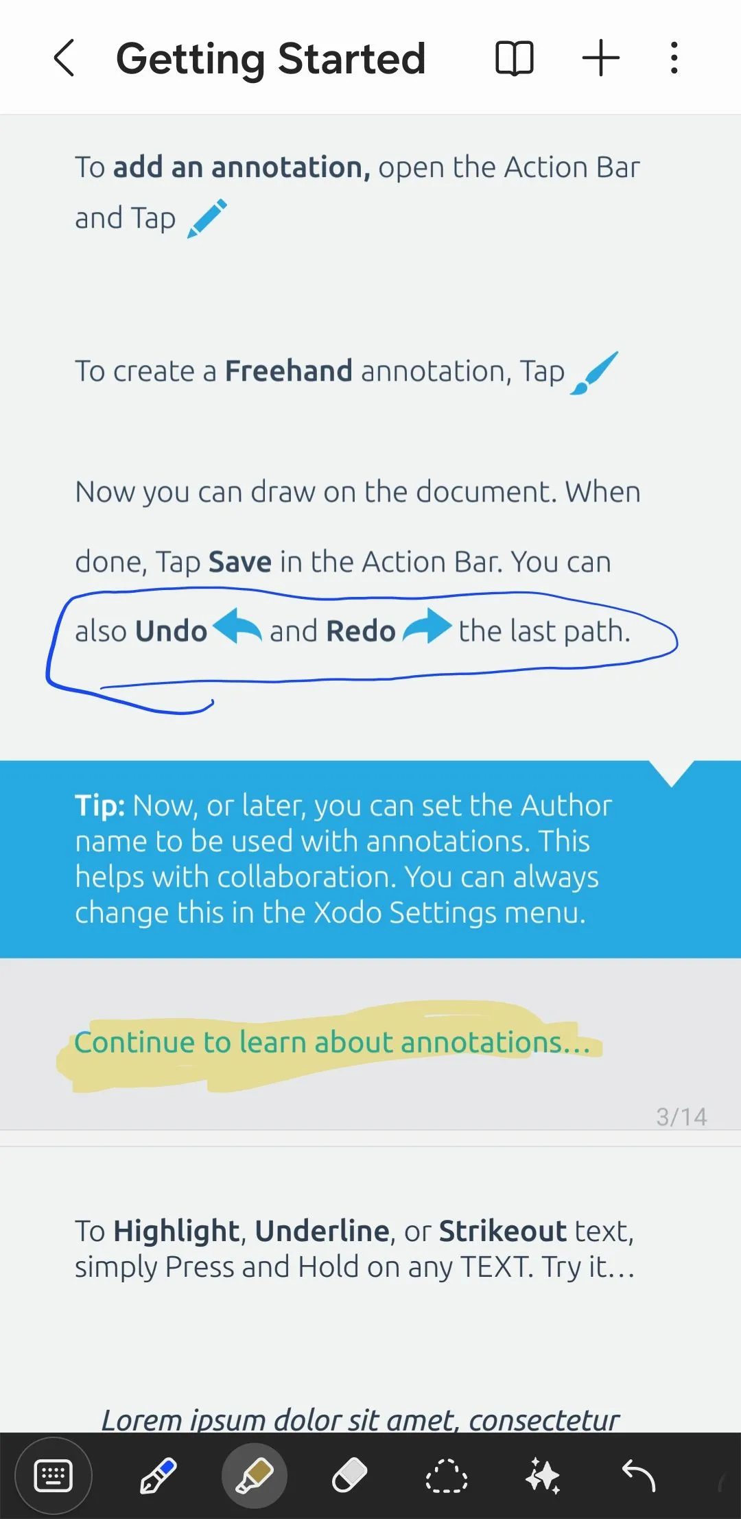 Các tùy chọn chú thích PDF trong ứng dụng Samsung Notes, cho phép người dùng dễ dàng chỉnh sửa và đánh dấu tài liệu.