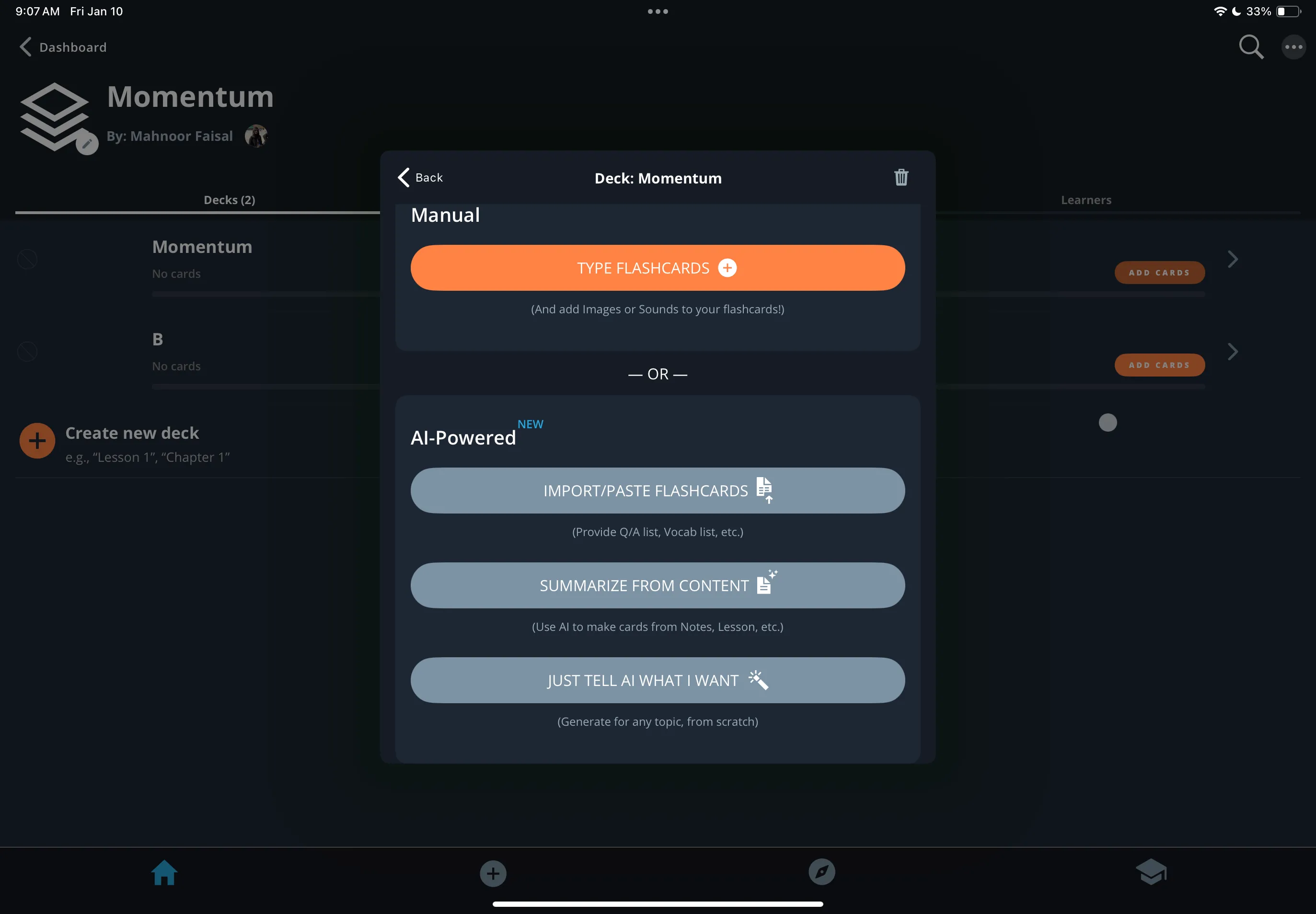 Các tùy chọn tạo flashcard AI của Brainscape