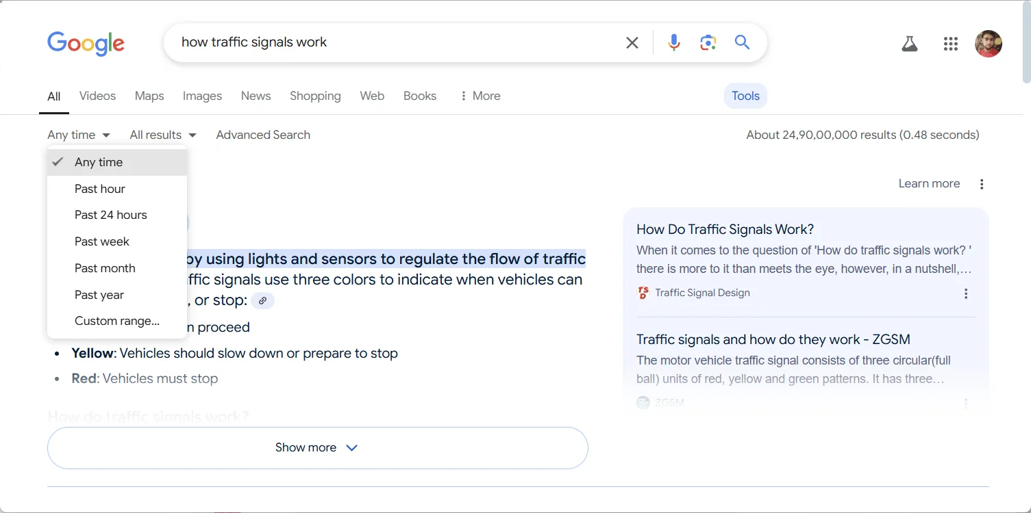Các tùy chọn thiết lập khoảng thời gian tìm kiếm trên Google