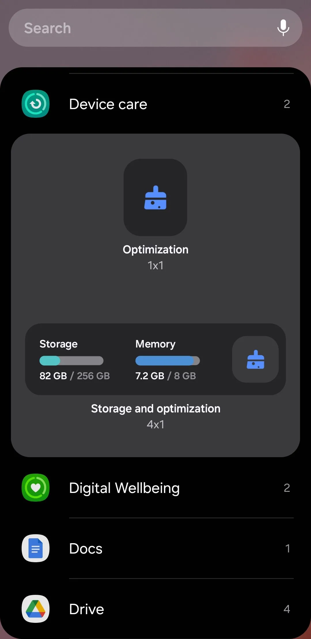Các tùy chọn widget Chăm sóc thiết bị (Device Care) trên Android để tối ưu hóa hiệu suất.