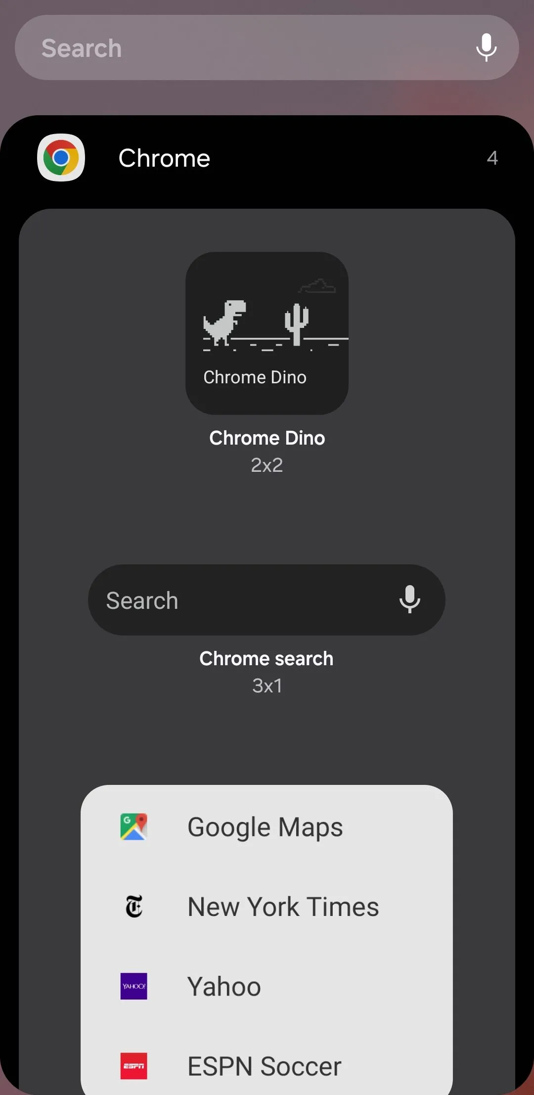 Các tùy chọn widget của trình duyệt Chrome trên điện thoại Android.