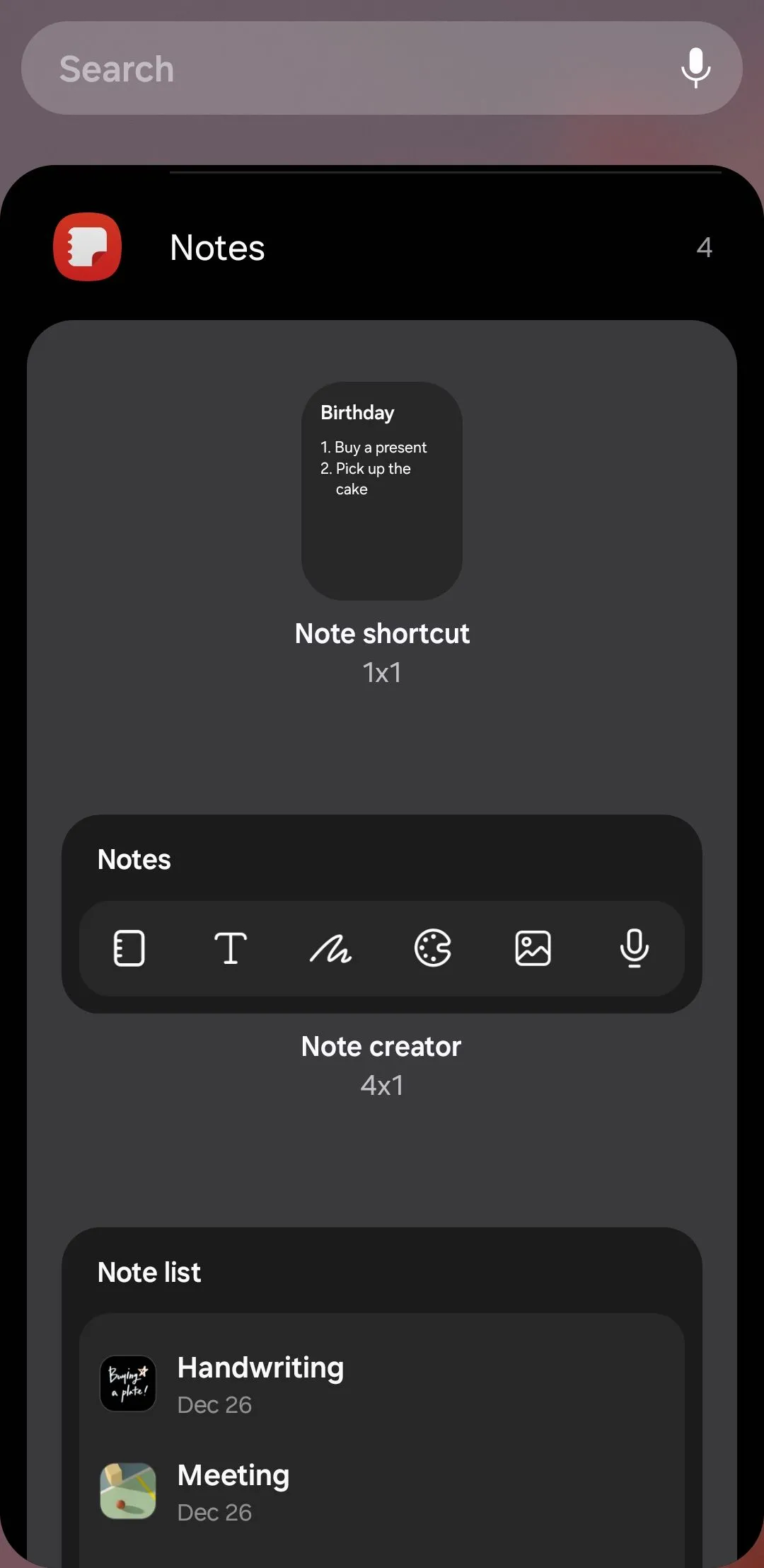 Các tùy chọn widget của ứng dụng Samsung Notes trên điện thoại Galaxy.