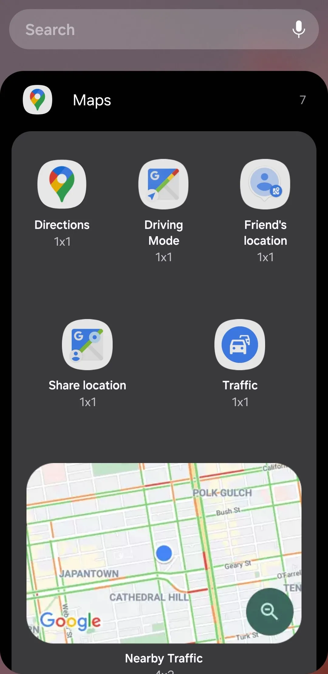 Các tùy chọn widget Google Maps trên Android hiển thị giao thông lân cận.
