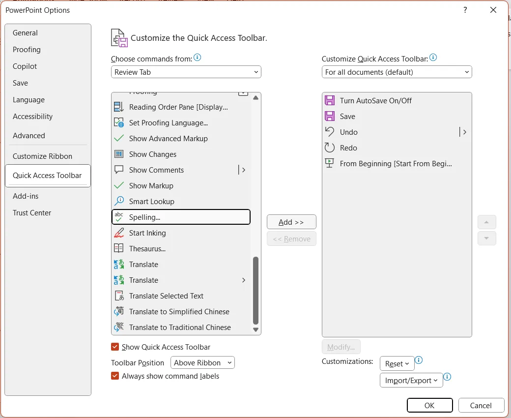 Cách thêm lệnh vào thanh công cụ truy cập nhanh Quick Access Toolbar trong PowerPoint.