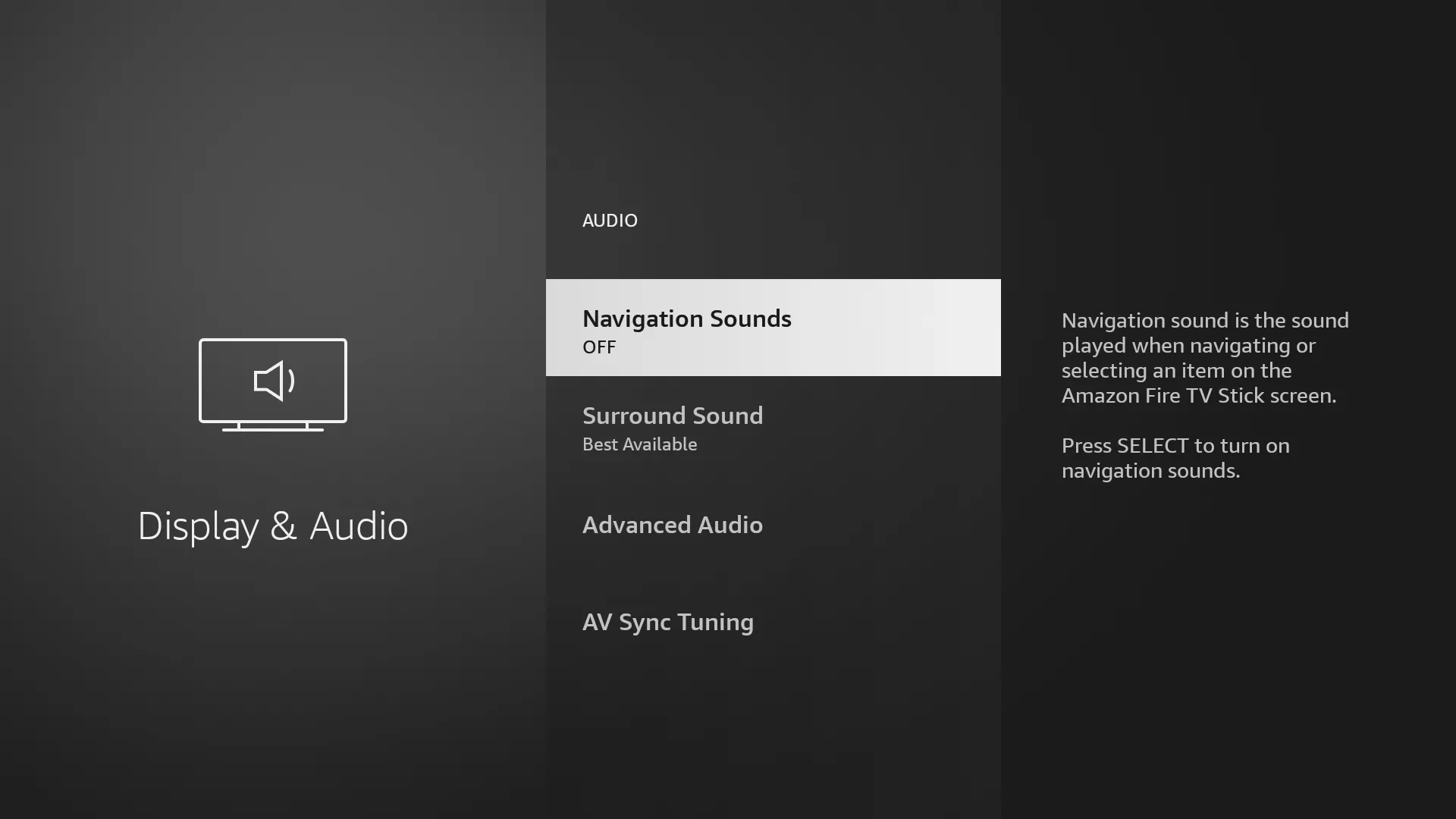 Cài đặt âm thanh điều hướng trong menu Fire TV Stick