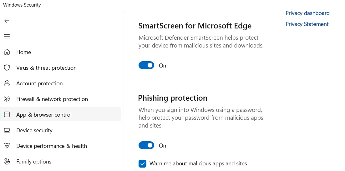 Cài đặt bảo vệ chống lừa đảo trong ứng dụng Windows Security