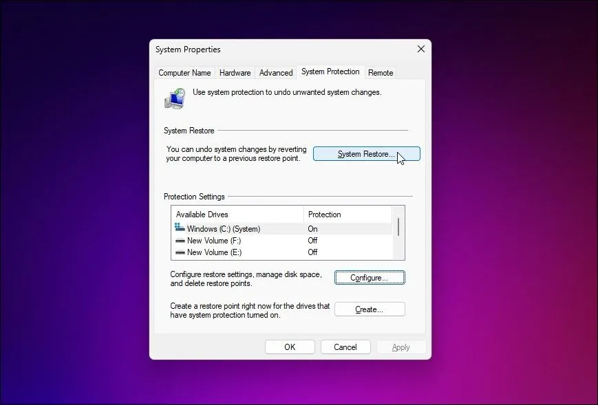 Cài đặt bảo vệ hệ thống System Protection để tạo điểm khôi phục Windows