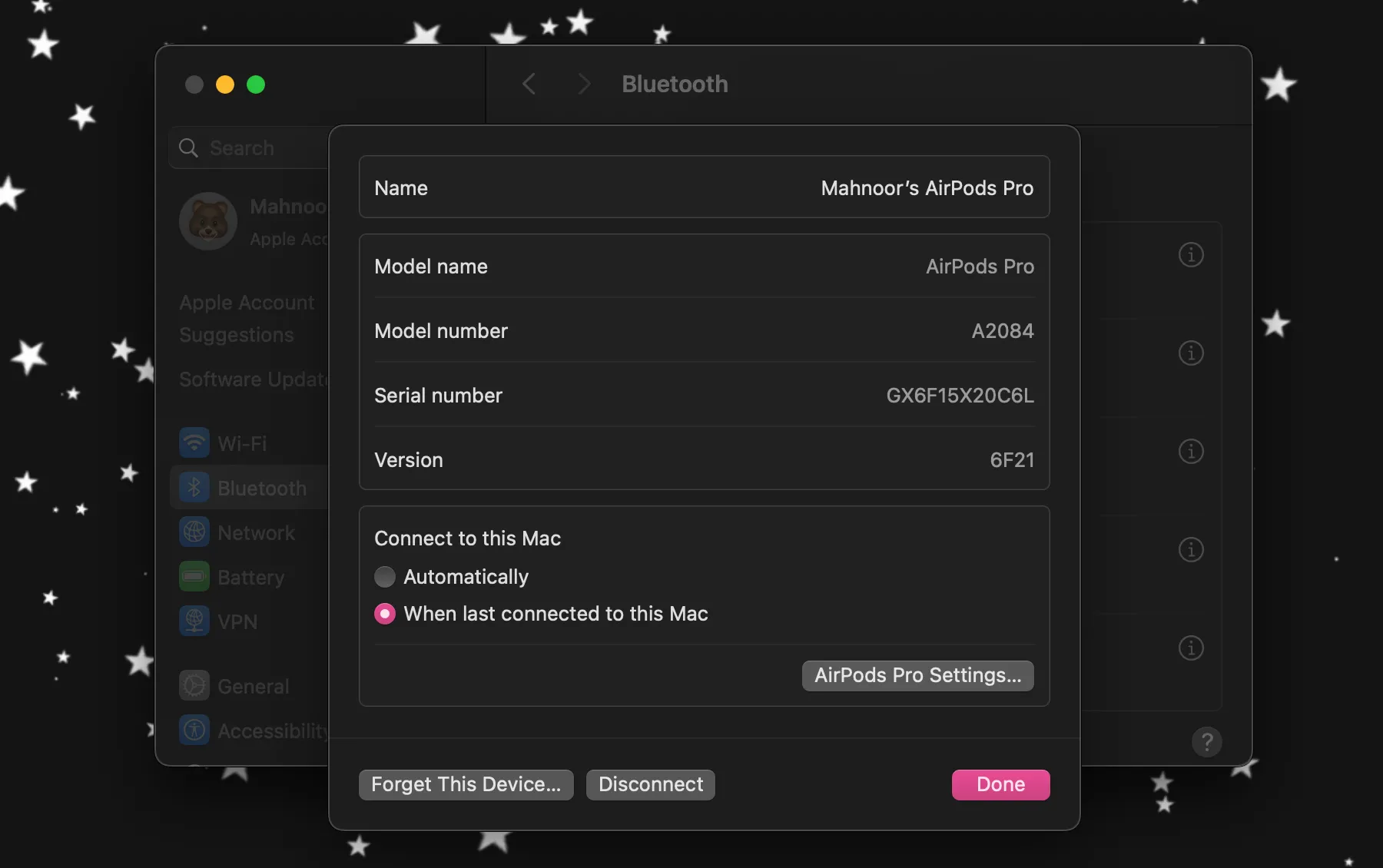 Cài đặt Bluetooth trên macOS hiển thị thông tin AirPods đã kết nối, bao gồm số kiểu máy và số serial.