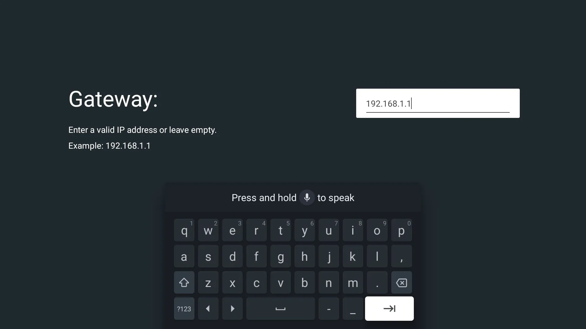 Cài đặt Gateway trong cấu hình mạng tĩnh của Google TV.