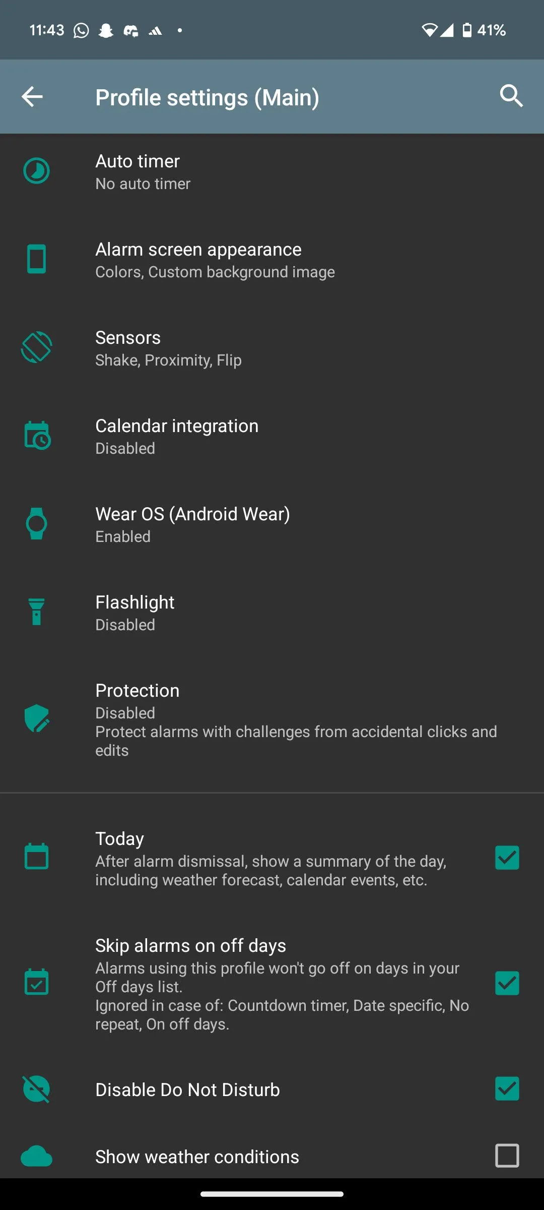 Cài đặt hồ sơ tùy chỉnh trong ứng dụng AMdroid, cho phép thiết lập các tùy chọn nâng cao cho chế độ hẹn giờ tự động và báo thức.