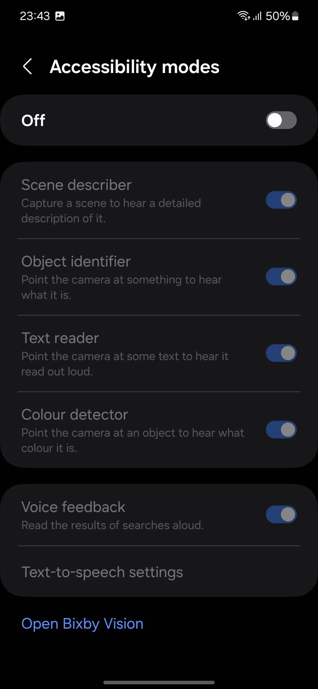 Cài đặt hỗ trợ tiếp cận hình ảnh cho Bixby Vision đã bật