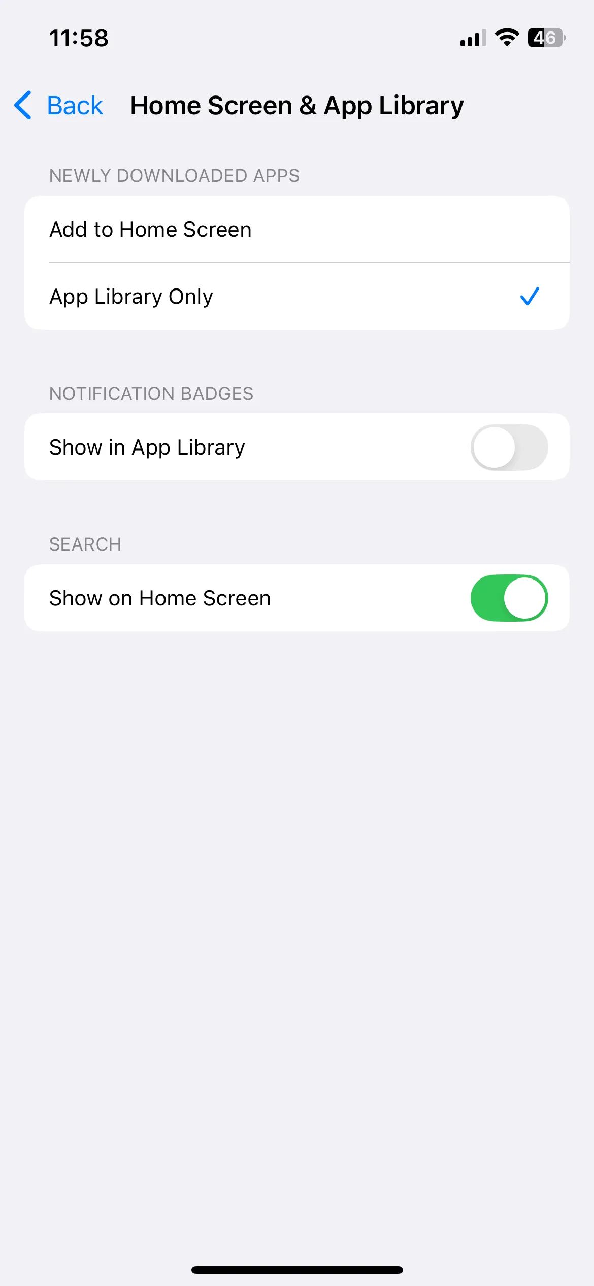 Cài đặt màn hình chính iPhone với tùy chọn &quot;Chỉ Thư viện ứng dụng&quot; được chọn cho các ứng dụng mới tải về.