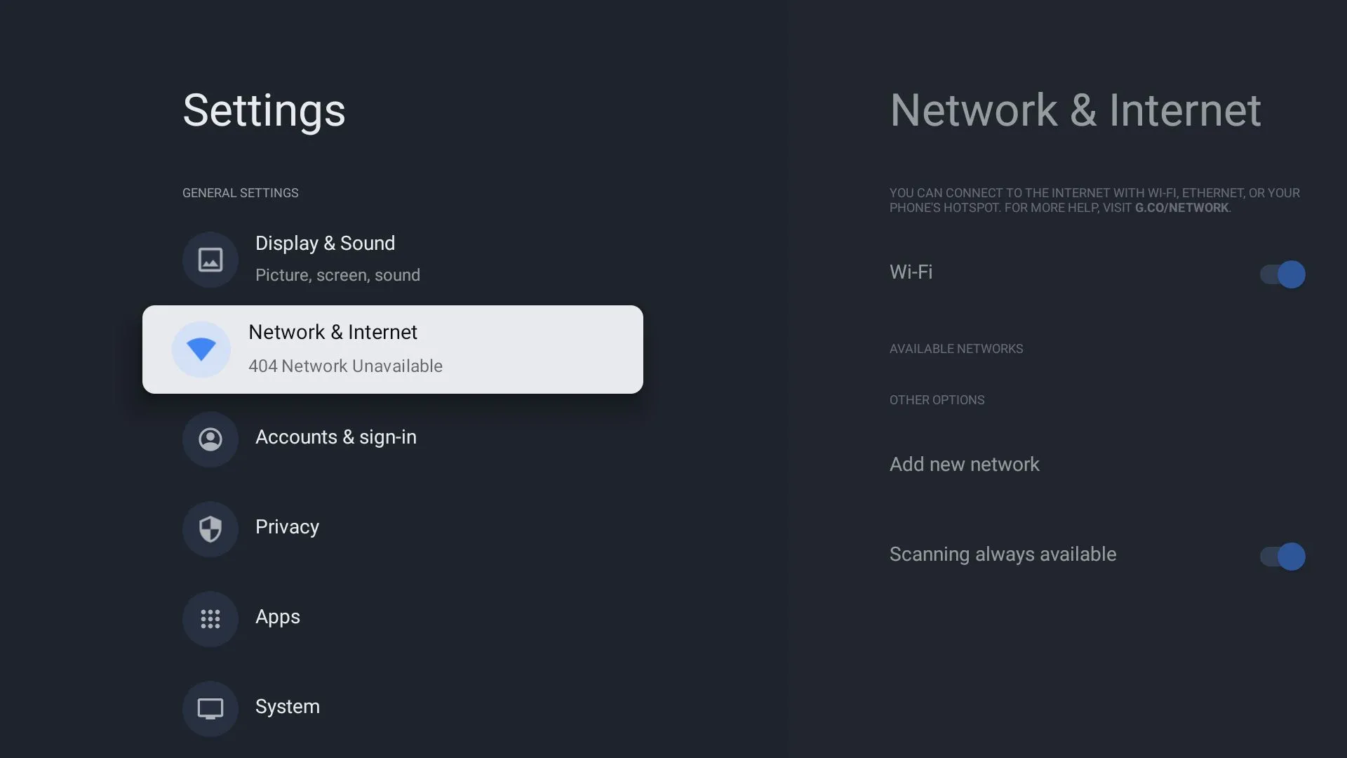 Cài đặt Mạng &amp; Internet (Network &amp; Internet) trên Google TV, nơi quản lý kết nối Wi-Fi.