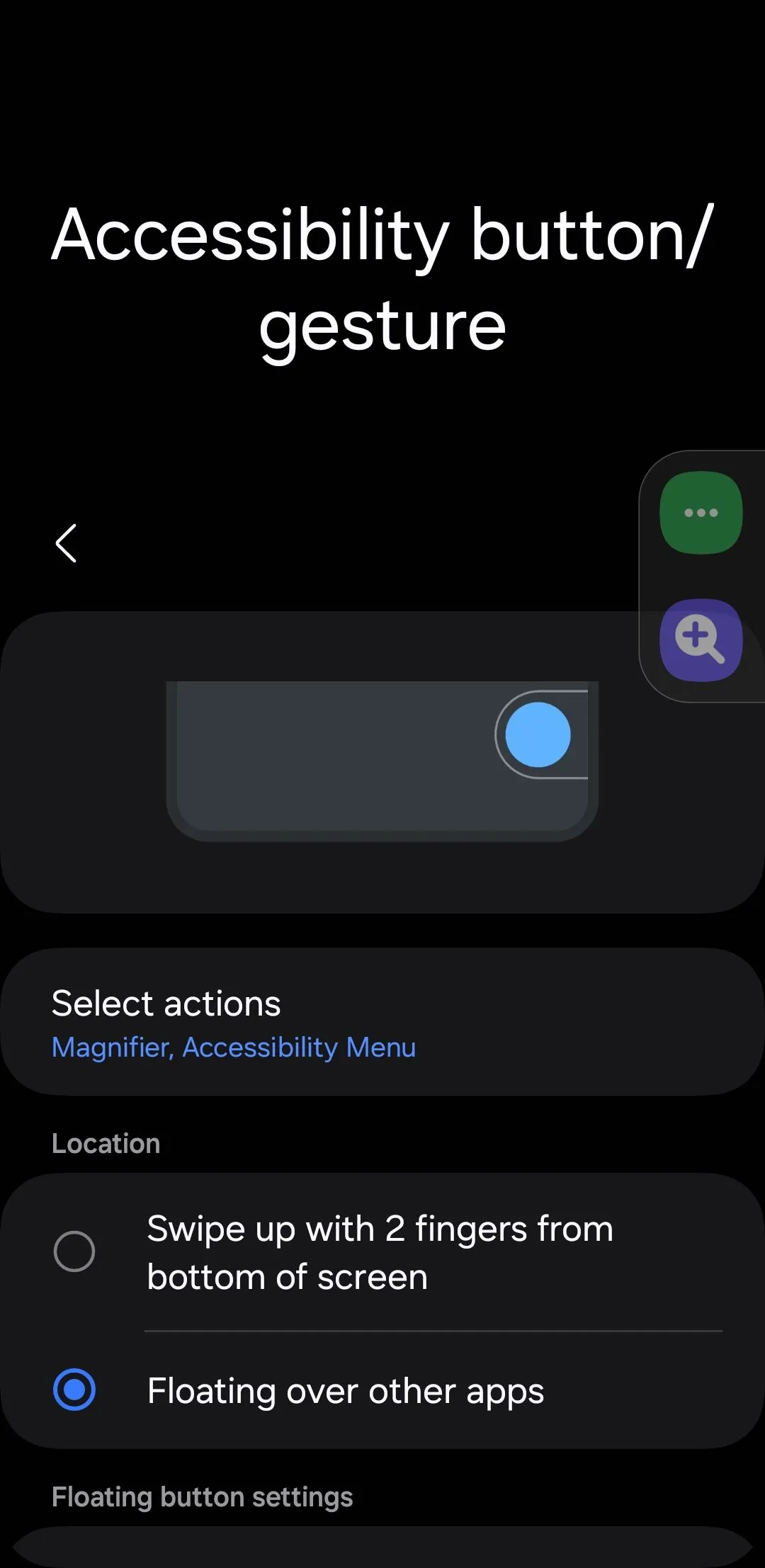 Cài đặt nút trợ năng trên Android, hiển thị tùy chọn bật menu trợ năng nổi trên màn hình.