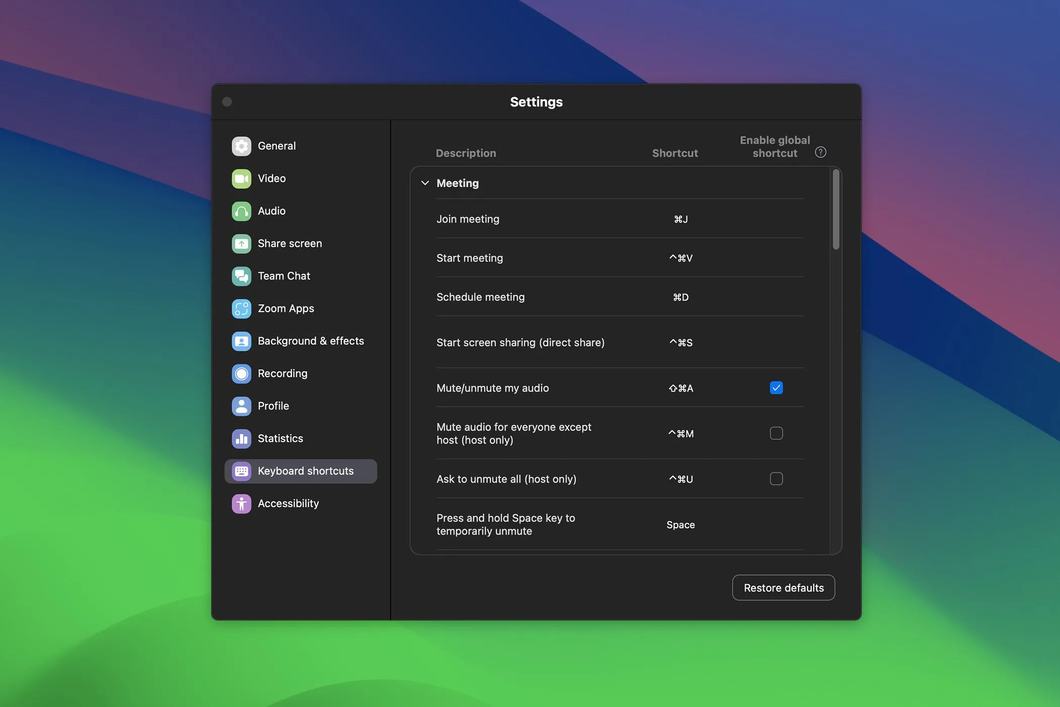 Cài đặt Phím tắt Bàn phím (Keyboard Shortcuts) của Zoom, làm nổi bật tùy chọn 'Bật phím tắt toàn cục' (Enable global shortcut) cho chức năng tắt tiếng