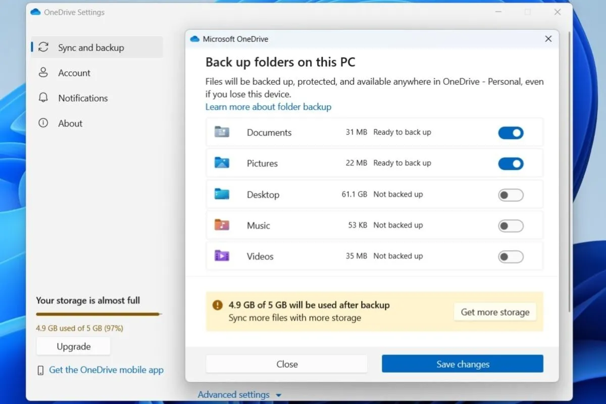 Cài đặt sao lưu OneDrive trên Windows, cho phép người dùng lựa chọn các thư mục và tệp cụ thể để đồng bộ và sao lưu lên đám mây.