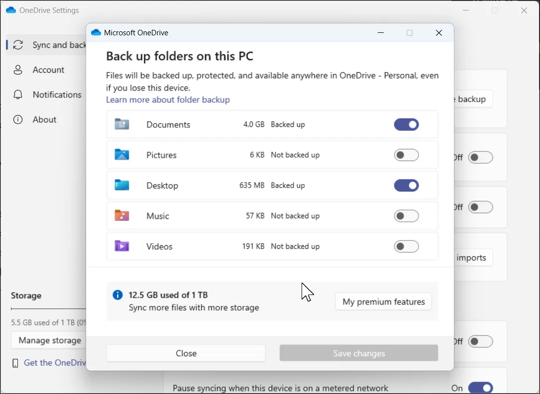Cài đặt sao lưu thư mục của Microsoft OneDrive trên Windows 11, cho phép người dùng quản lý và tắt đồng bộ các thư mục như Tài liệu, Ảnh, Màn hình nền để tiết kiệm dung lượng.