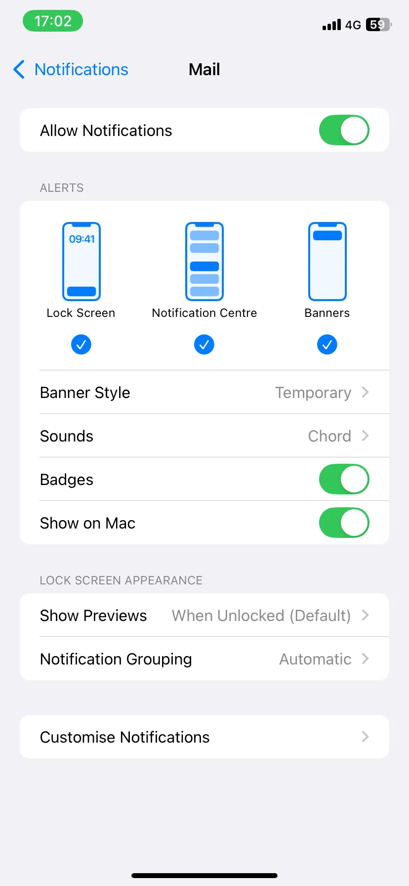 Cài đặt thông báo cho ứng dụng Mail trên iPhone, hiển thị các kiểu cảnh báo.