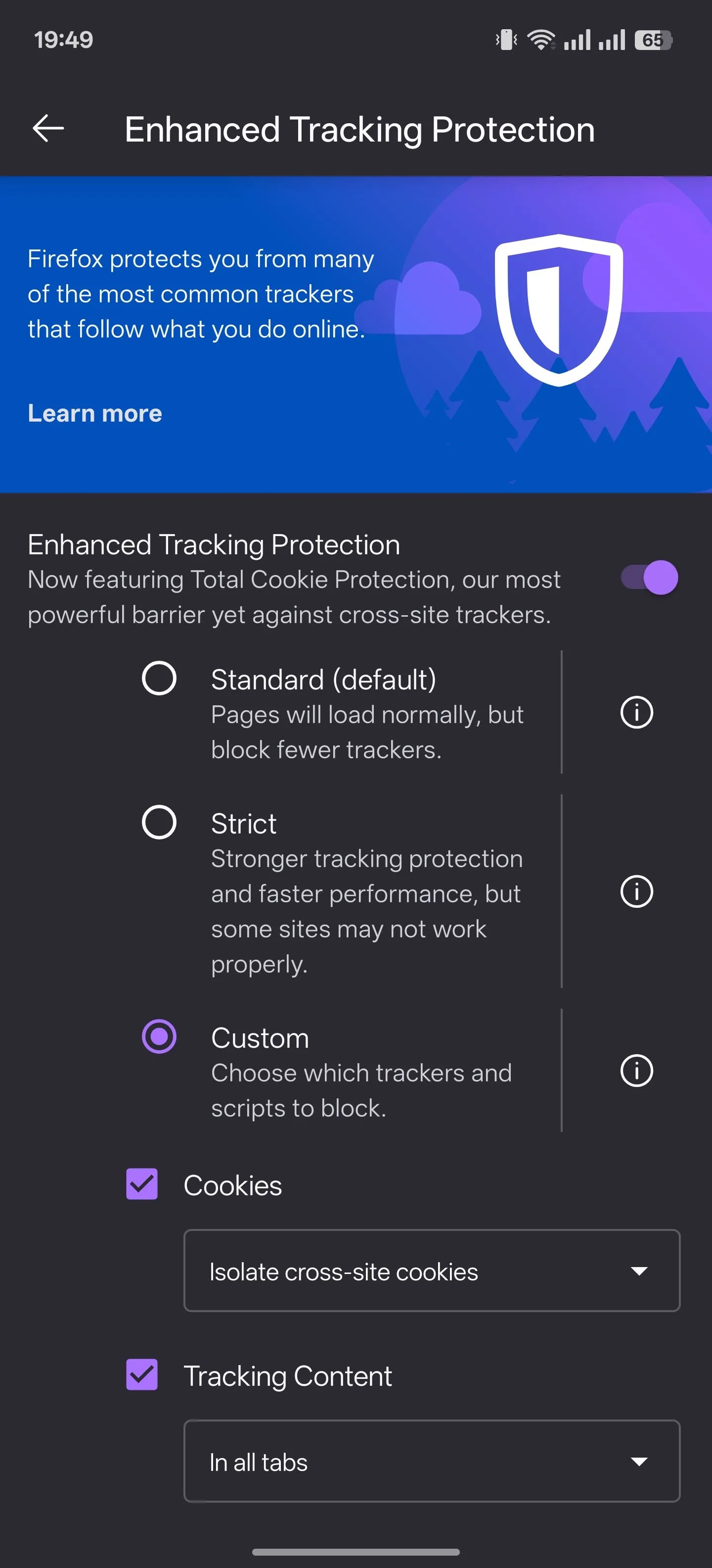 Cài đặt tính năng Bảo vệ theo dõi nâng cao của Firefox trên Android, cho phép tùy chỉnh mức độ bảo vệ quyền riêng tư.