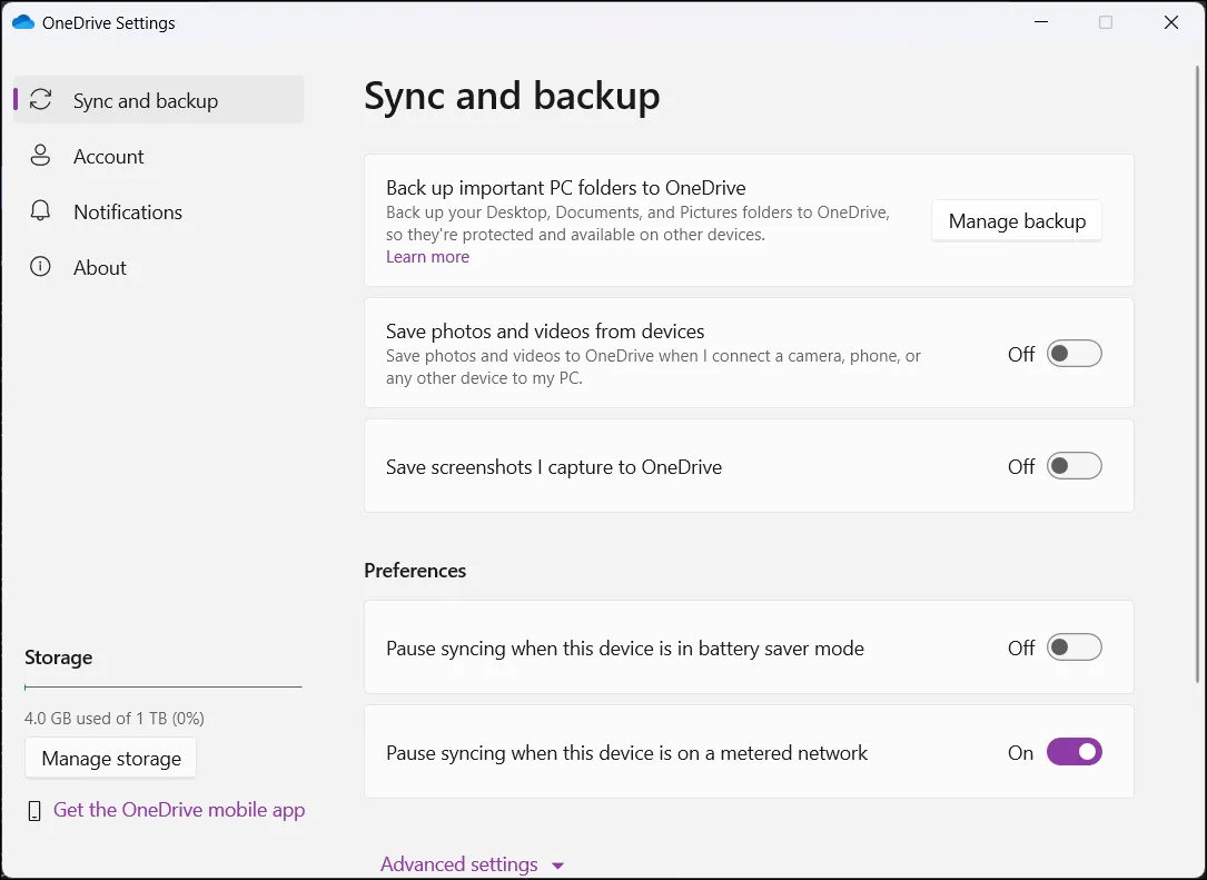 Cài đặt ứng dụng OneDrive trên Windows 11 hiển thị tùy chọn đồng bộ hóa và quản lý tài khoản