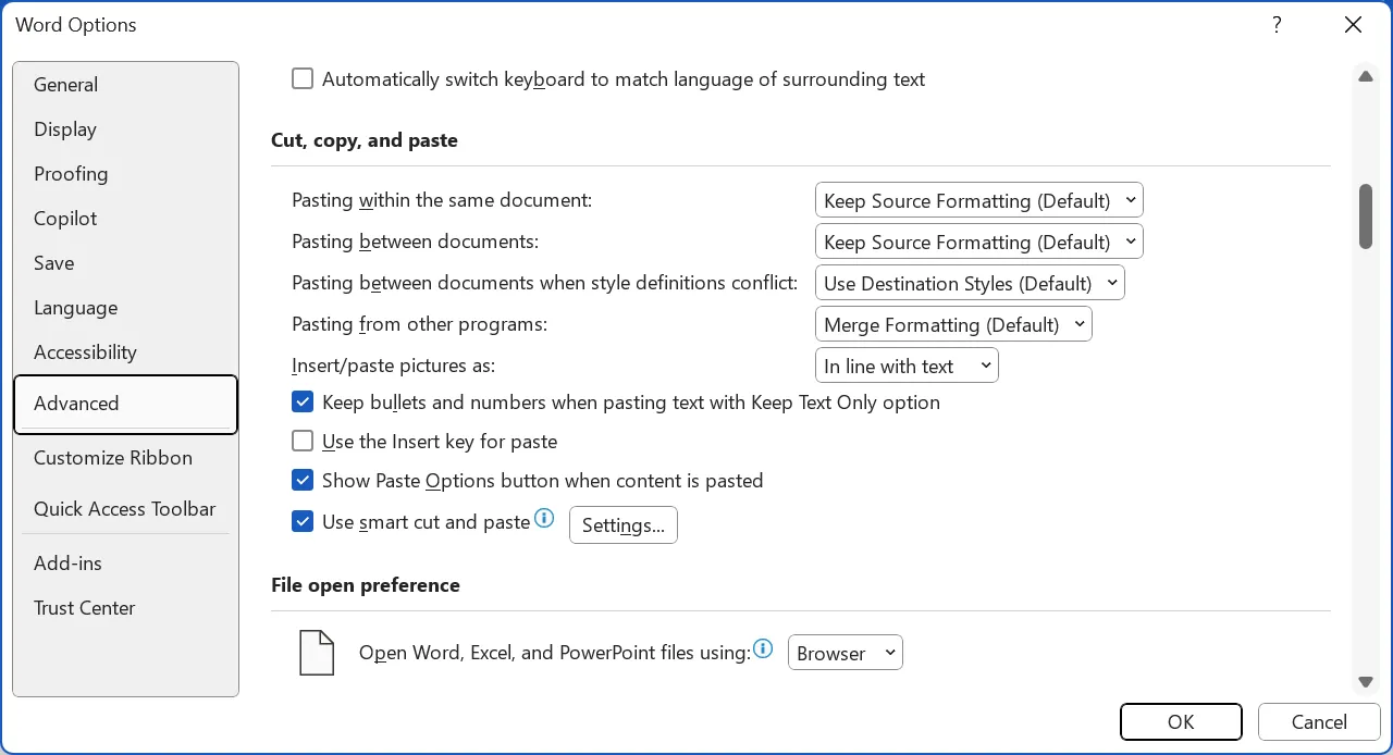Cấu hình các tùy chọn cho các kịch bản dán trong Microsoft Word.