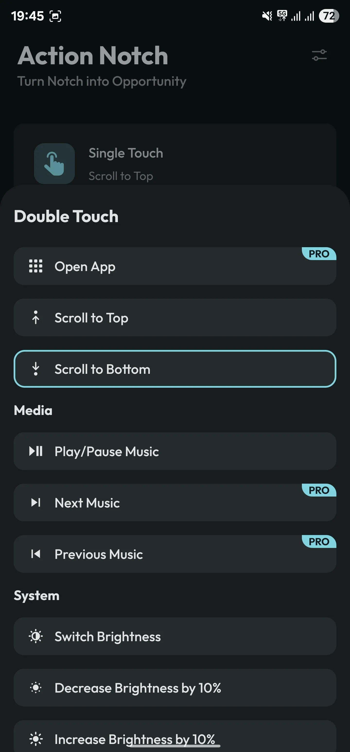 Cấu hình cử chỉ chạm hai lần (Double Touch) cho hành động cuộn xuống cuối trang (Scroll to Bottom) trong ứng dụng Action Notch, tối ưu thao tác trên Android.