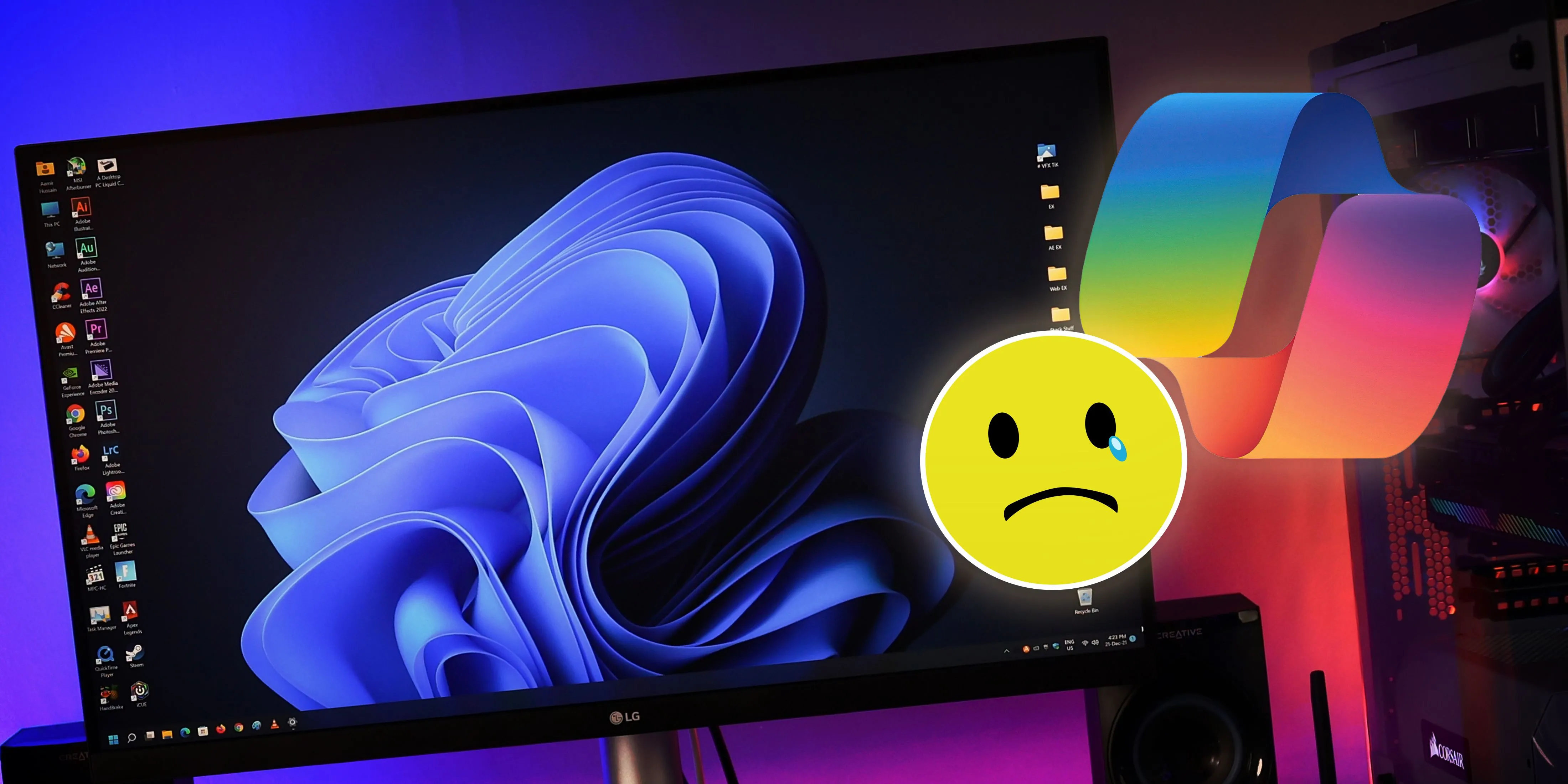 Cấu hình máy tính cá nhân với màn hình lớn hiển thị hình nền Windows 11, tượng trưng cho trải nghiệm người dùng với các tính năng AI mới của Microsoft.