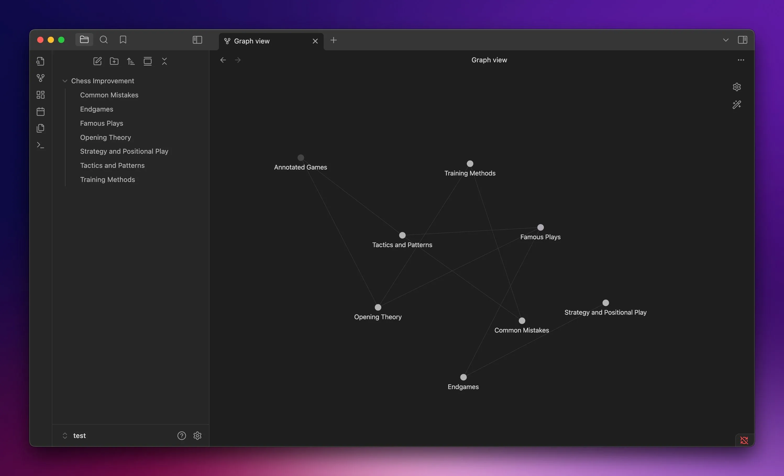Chế độ xem đồ thị (Graph View) của một vault trong Obsidian trên máy Mac, hiển thị mối liên hệ trực quan giữa các ghi chú.