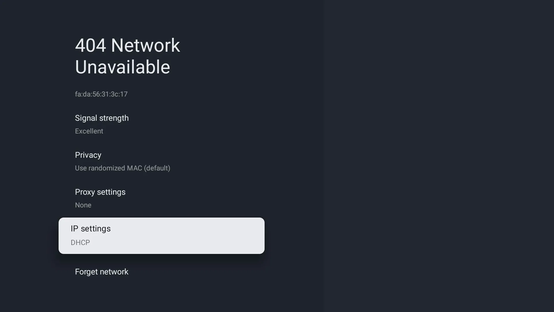 Chi tiết cài đặt mạng Wi-Fi đang kết nối trên Google TV để điều chỉnh cấu hình IP.