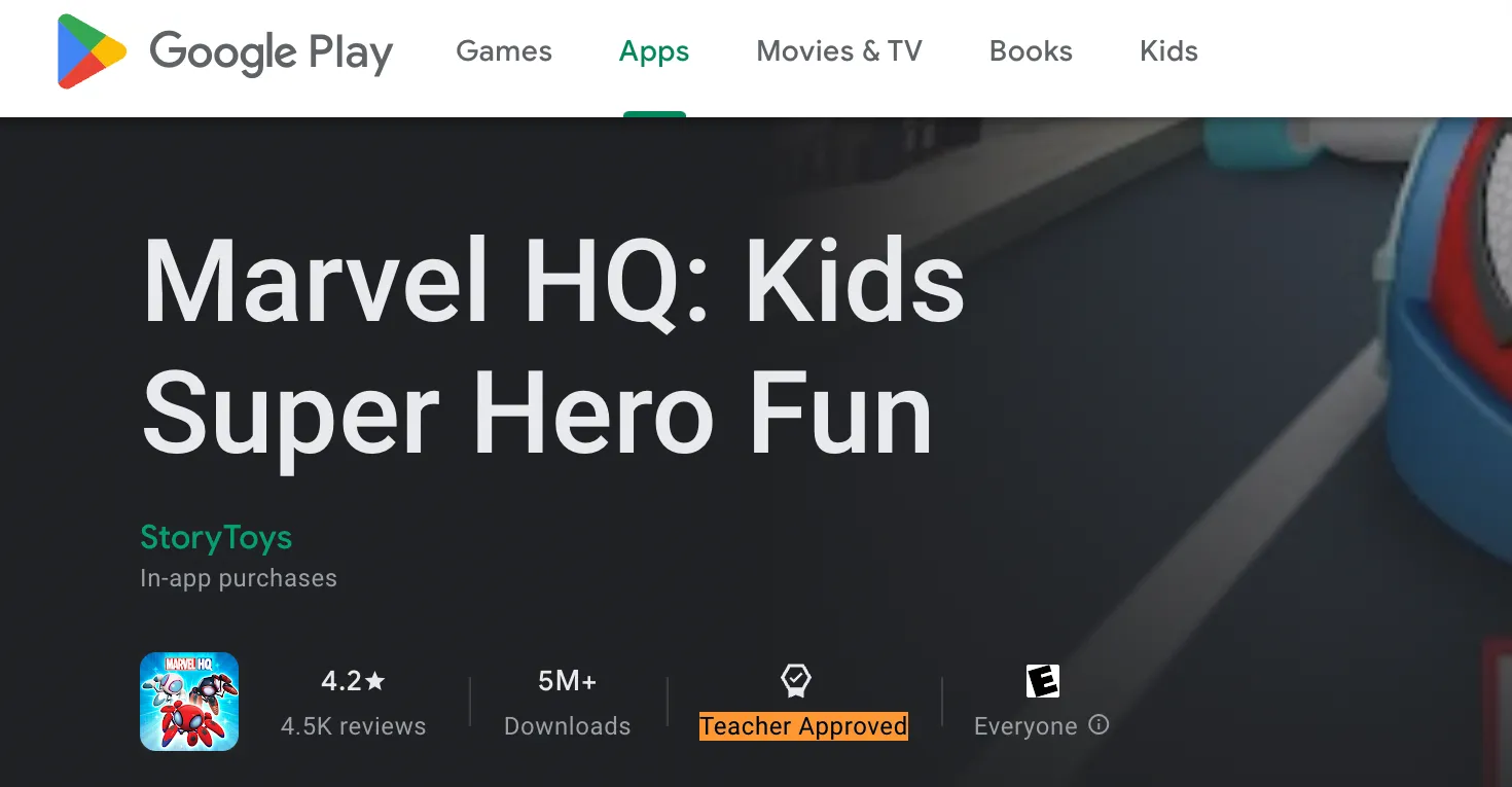Chi tiết ứng dụng Marvel chủ đề trẻ em trên Google Play Store, minh họa ứng dụng phù hợp cho trẻ