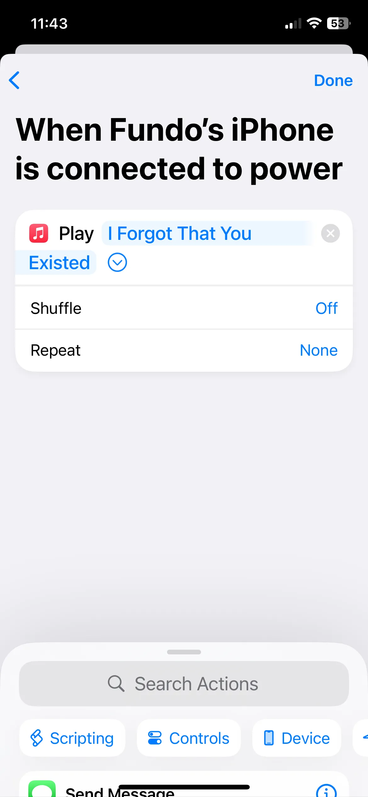 Chọn bài hát từ Apple Music và thiết lập Play Music action cho âm báo sạc iPhone