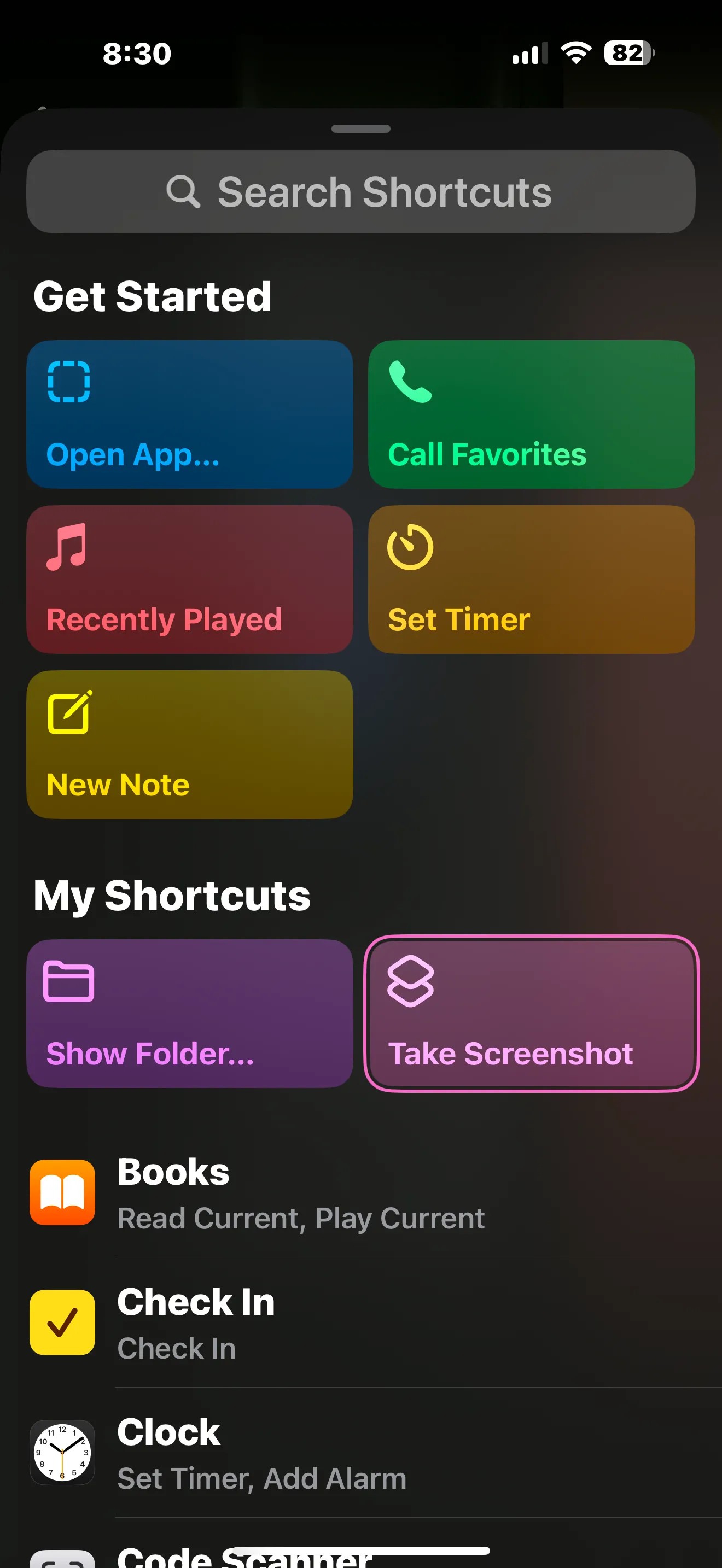 Chọn phím tắt chụp màn hình đã tạo để gán vào Nút Tác vụ (Action Button)