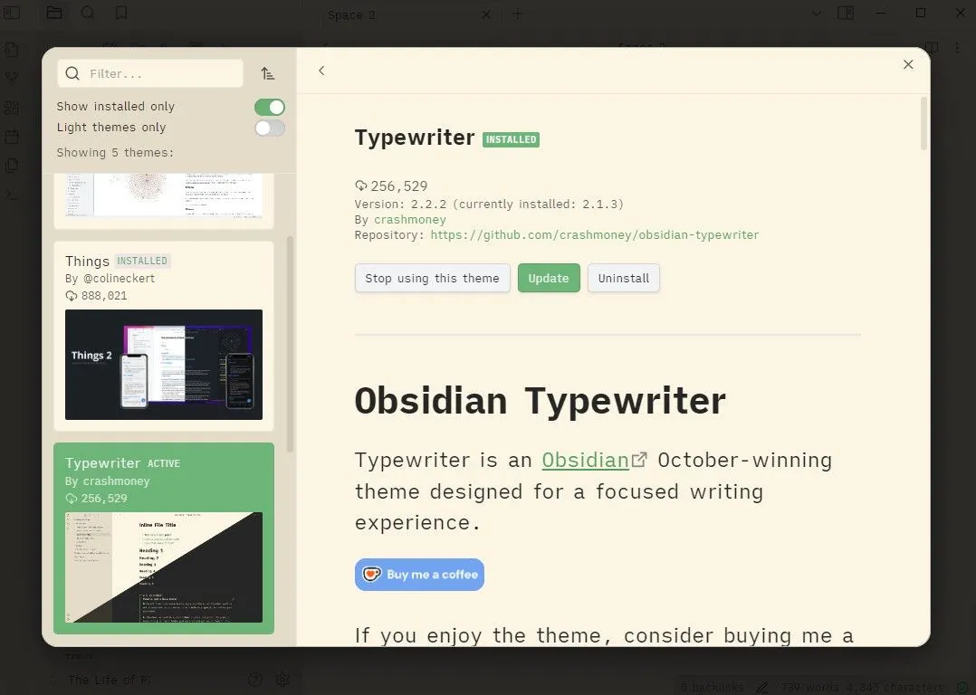 Chủ đề Typewriter trong Obsidian với nền trắng, mô phỏng giao diện máy đánh chữ cổ điển
