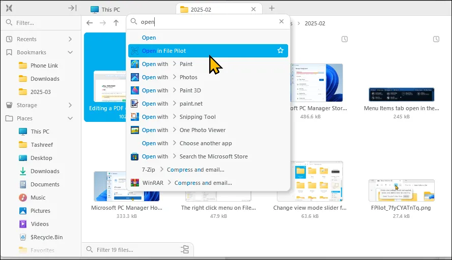 Chức năng tìm kiếm tiện lợi trong menu ngữ cảnh của File Pilot giúp người dùng nhanh chóng tìm và thực hiện các lệnh.